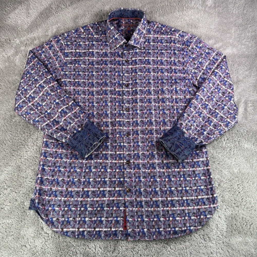 Visconti Black Geometric Print Shirt Mens L Flip Cuff Cotton Modal Blue Purple